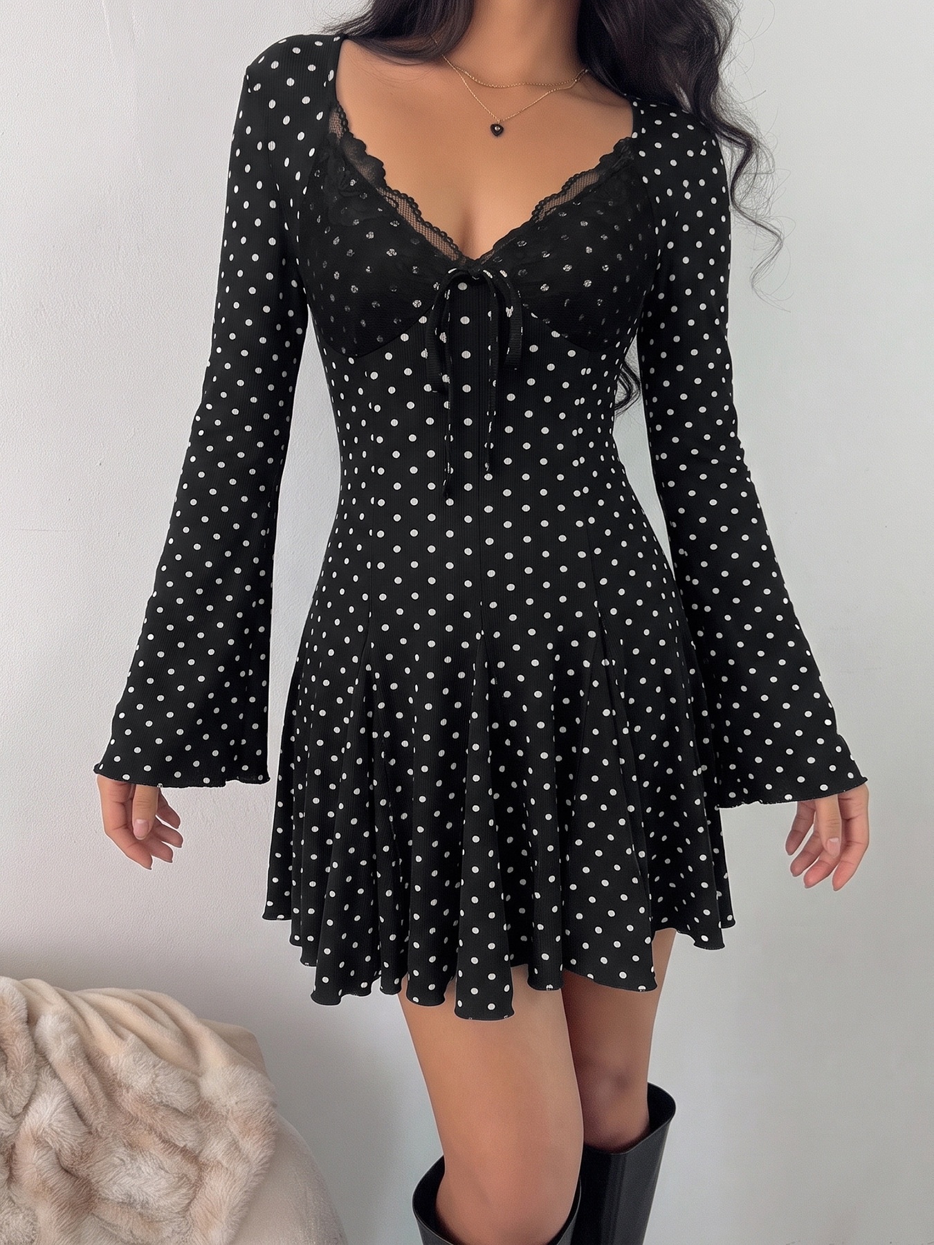 Polka Dot Long Sleeve Lace Trim Mini Dress