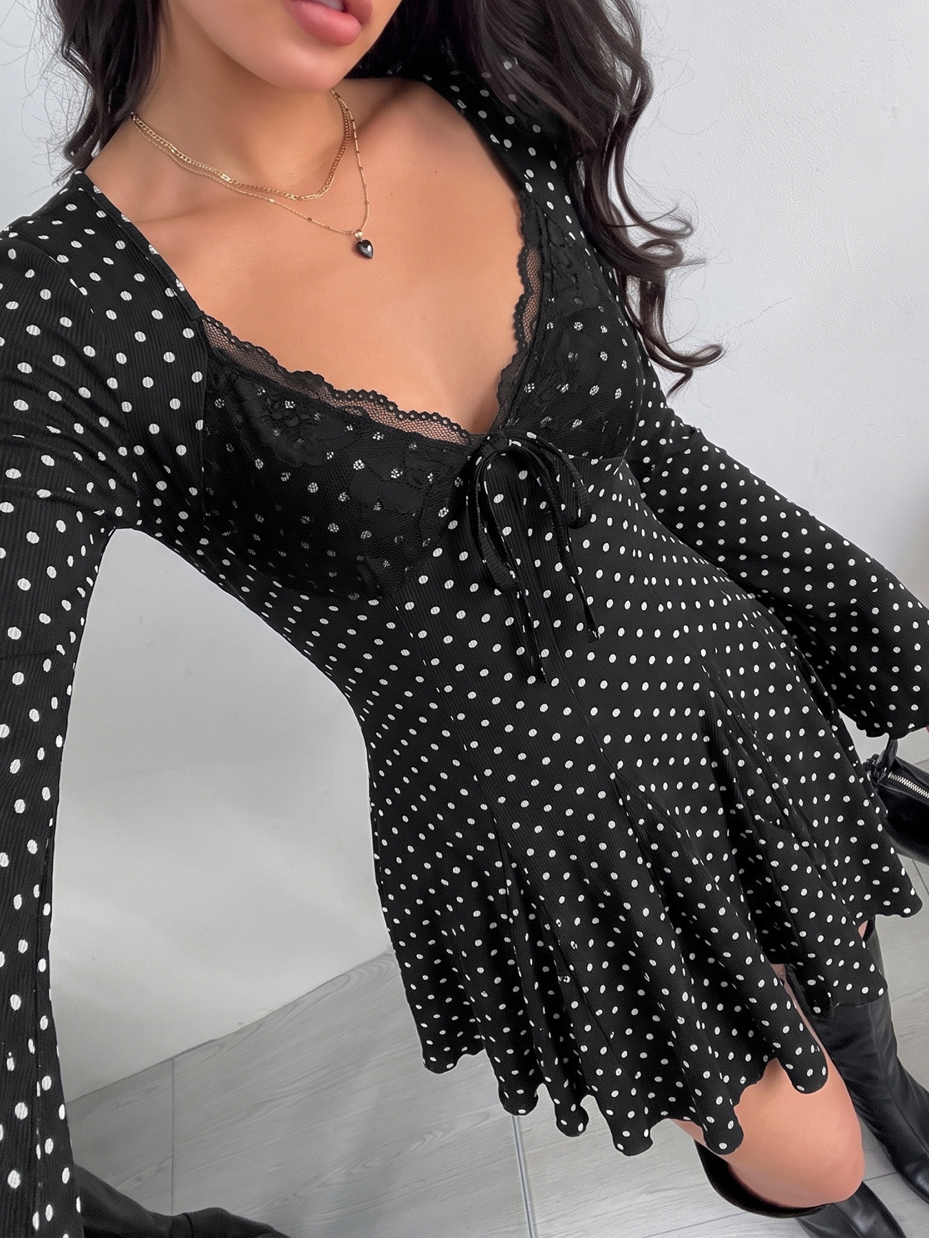 Polka Dot Long Sleeve Lace Trim Mini Dress
