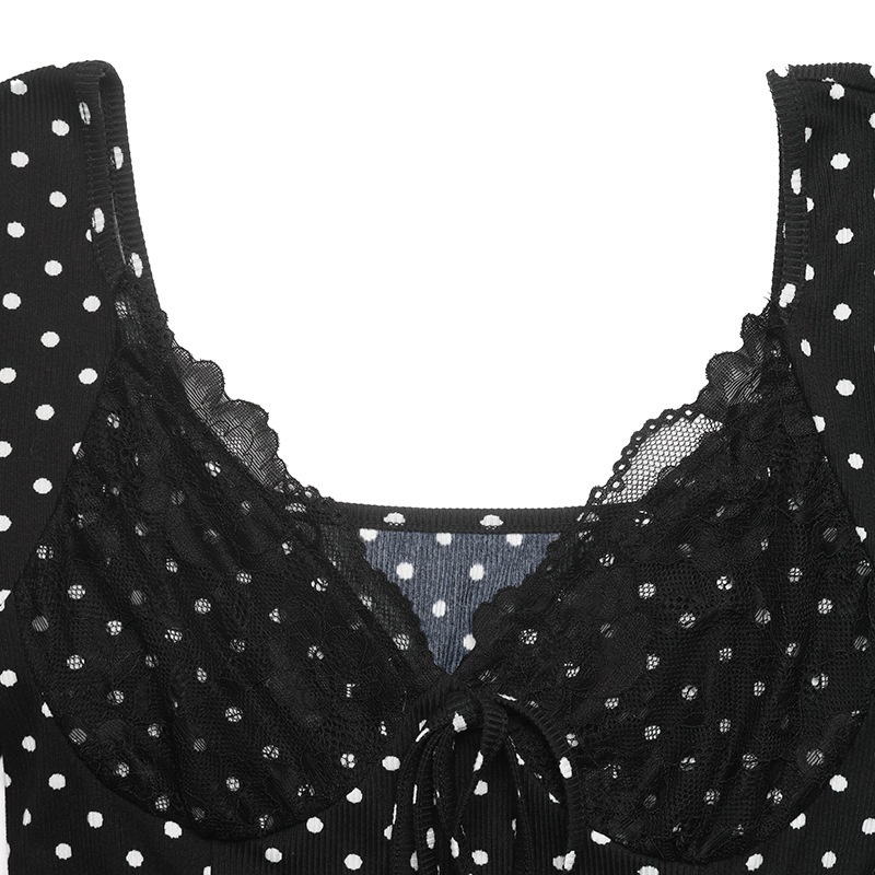 Polka Dot Long Sleeve Lace Trim Mini Dress