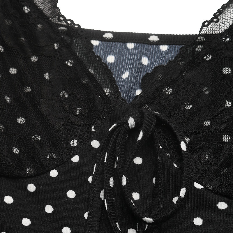 Polka Dot Long Sleeve Lace Trim Mini Dress