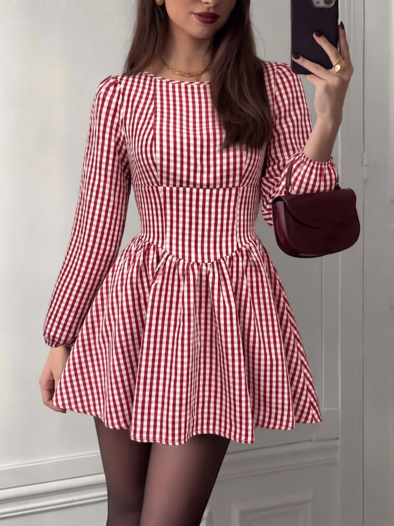 Red Gingham Open Back Long Sleeve Mini Dress
