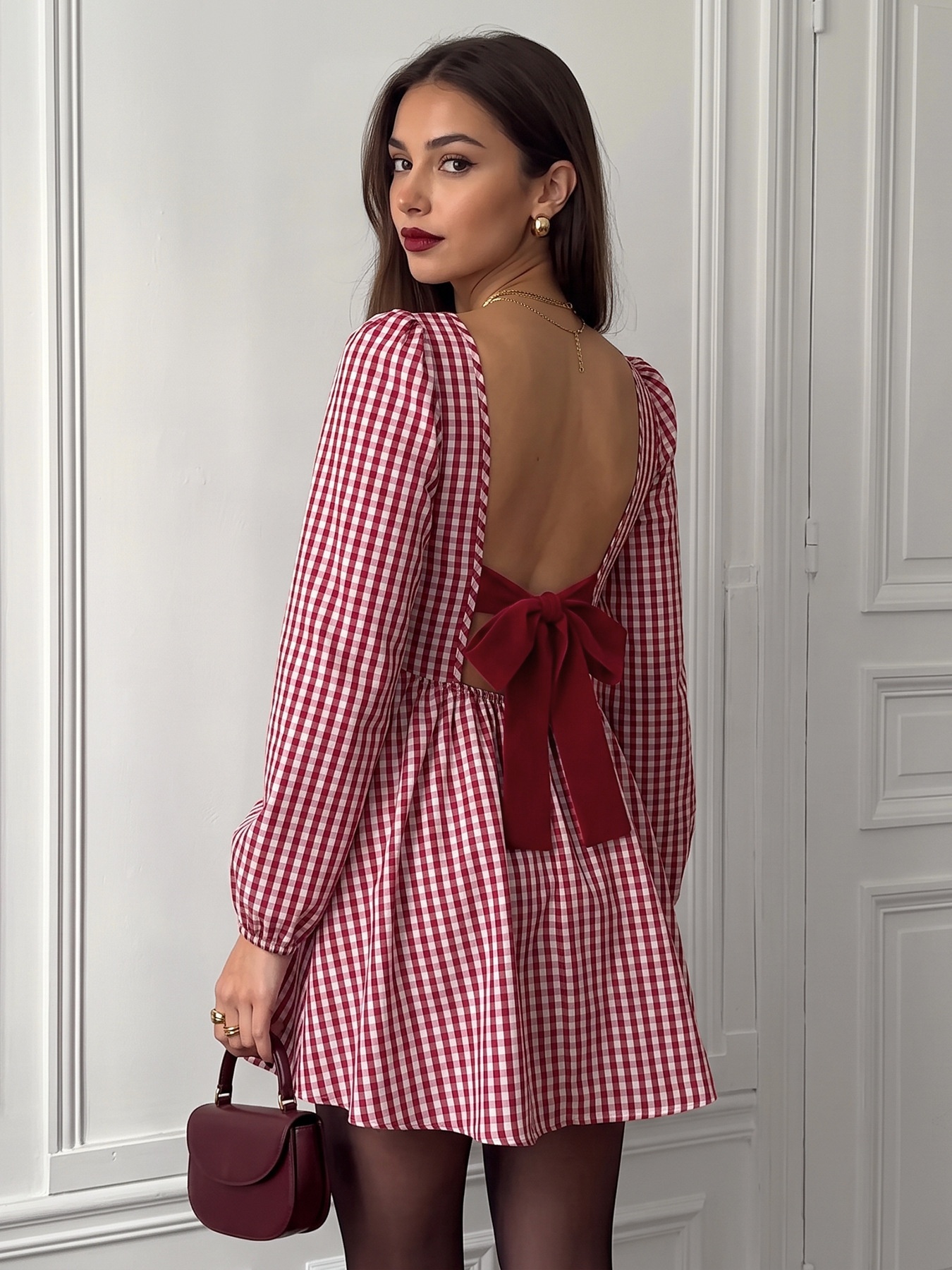Red Gingham Open Back Long Sleeve Mini Dress