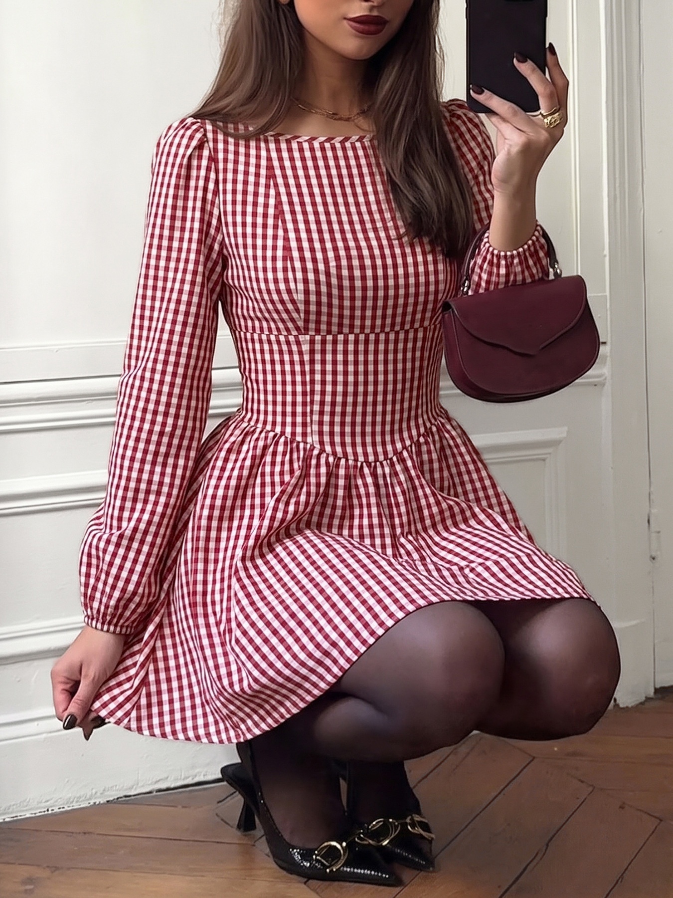 Red Gingham Open Back Long Sleeve Mini Dress