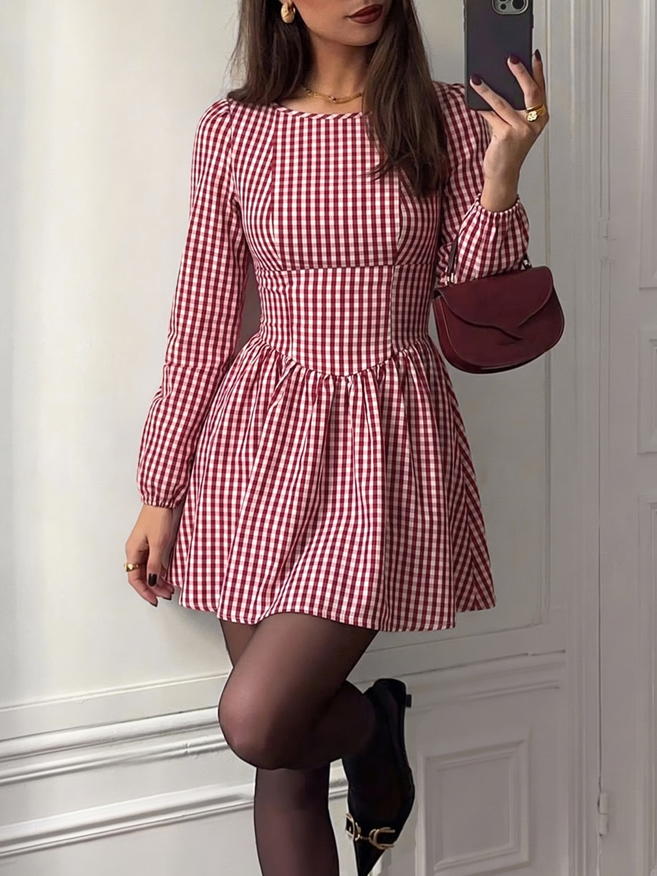 Red Gingham Open Back Long Sleeve Mini Dress