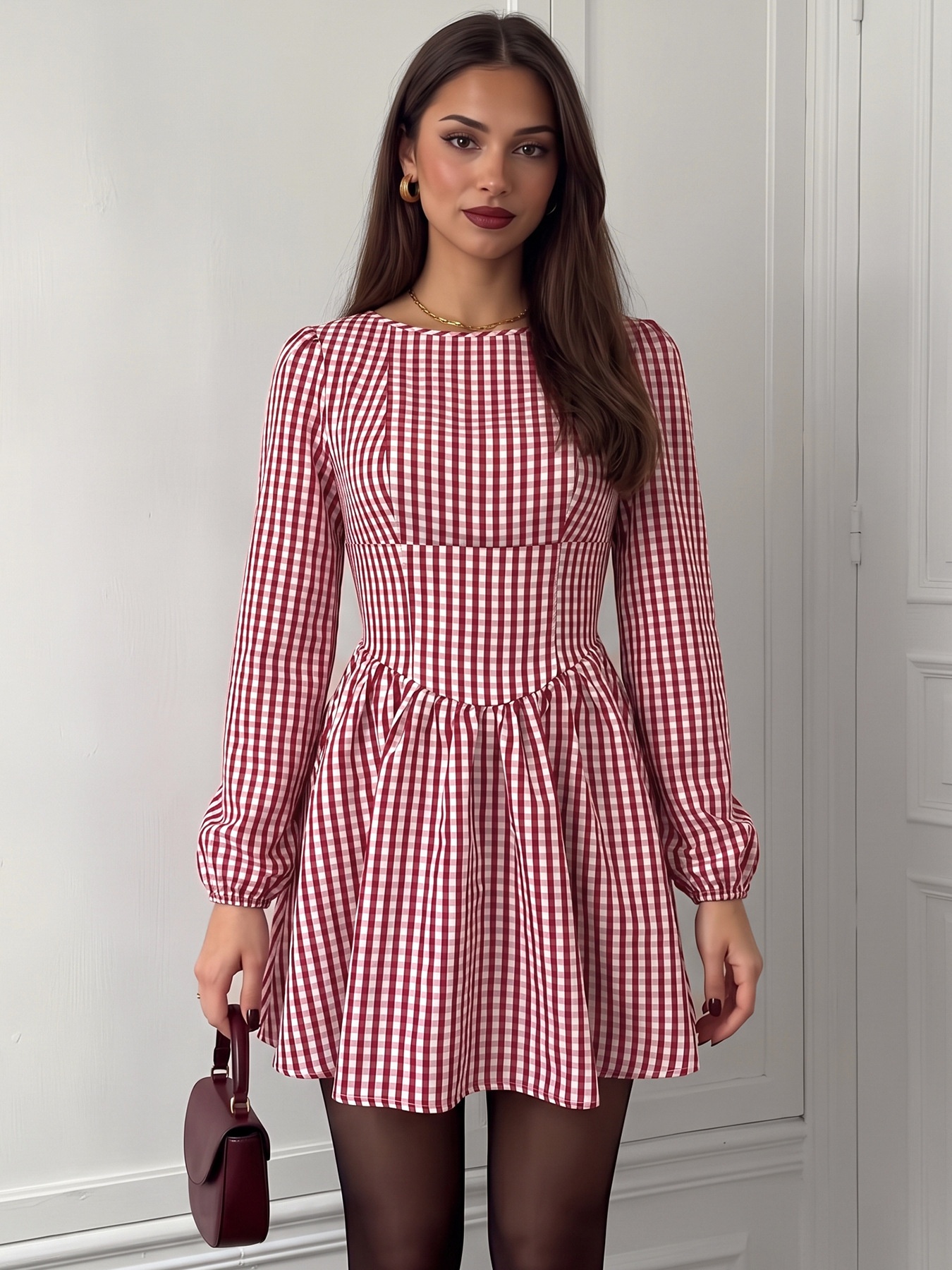 Red Gingham Open Back Long Sleeve Mini Dress