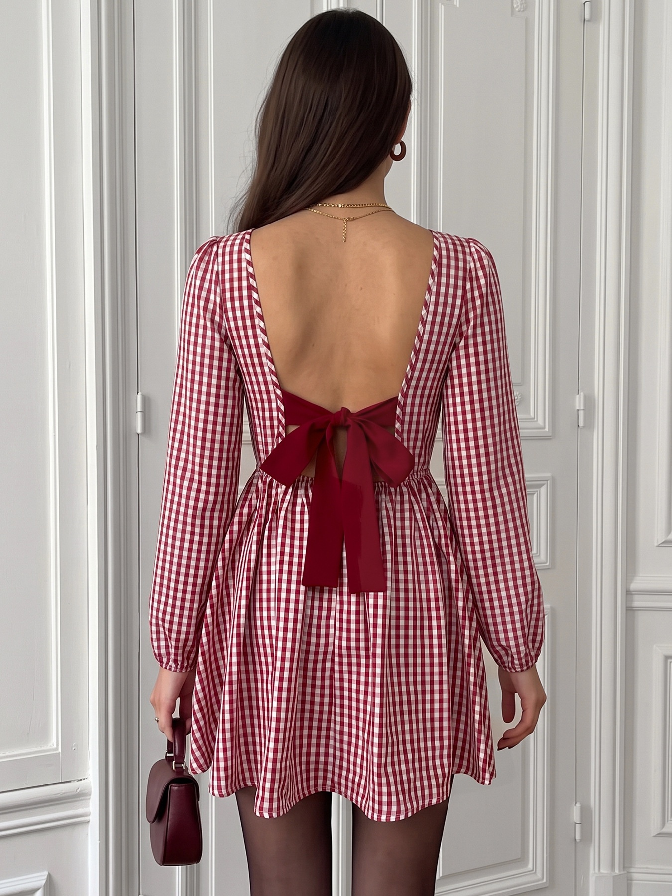 Red Gingham Open Back Long Sleeve Mini Dress
