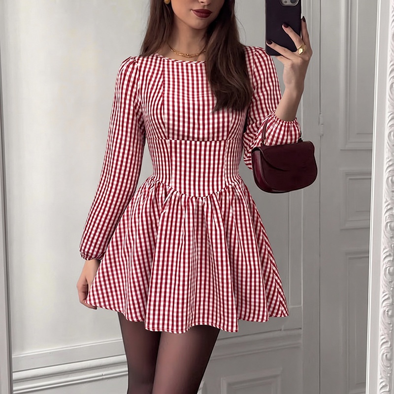 Red Gingham Open Back Long Sleeve Mini Dress