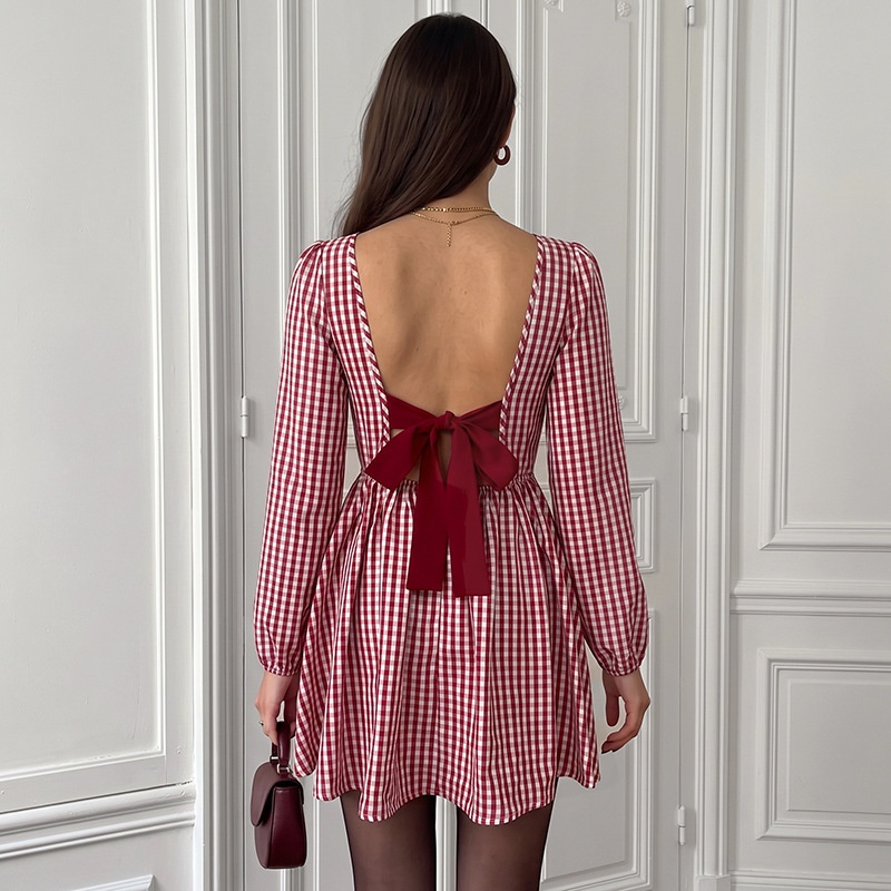 Red Gingham Open Back Long Sleeve Mini Dress
