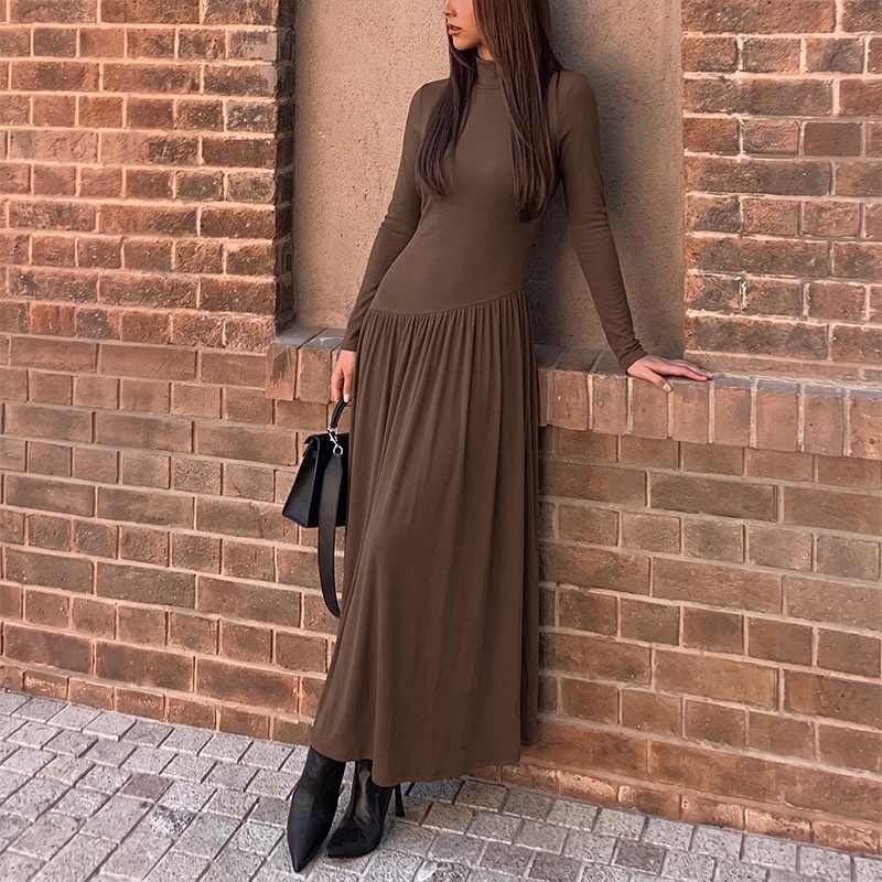 Women's Ribbed Mock Neck Asymmetrical Drop Waist Maxi Dress