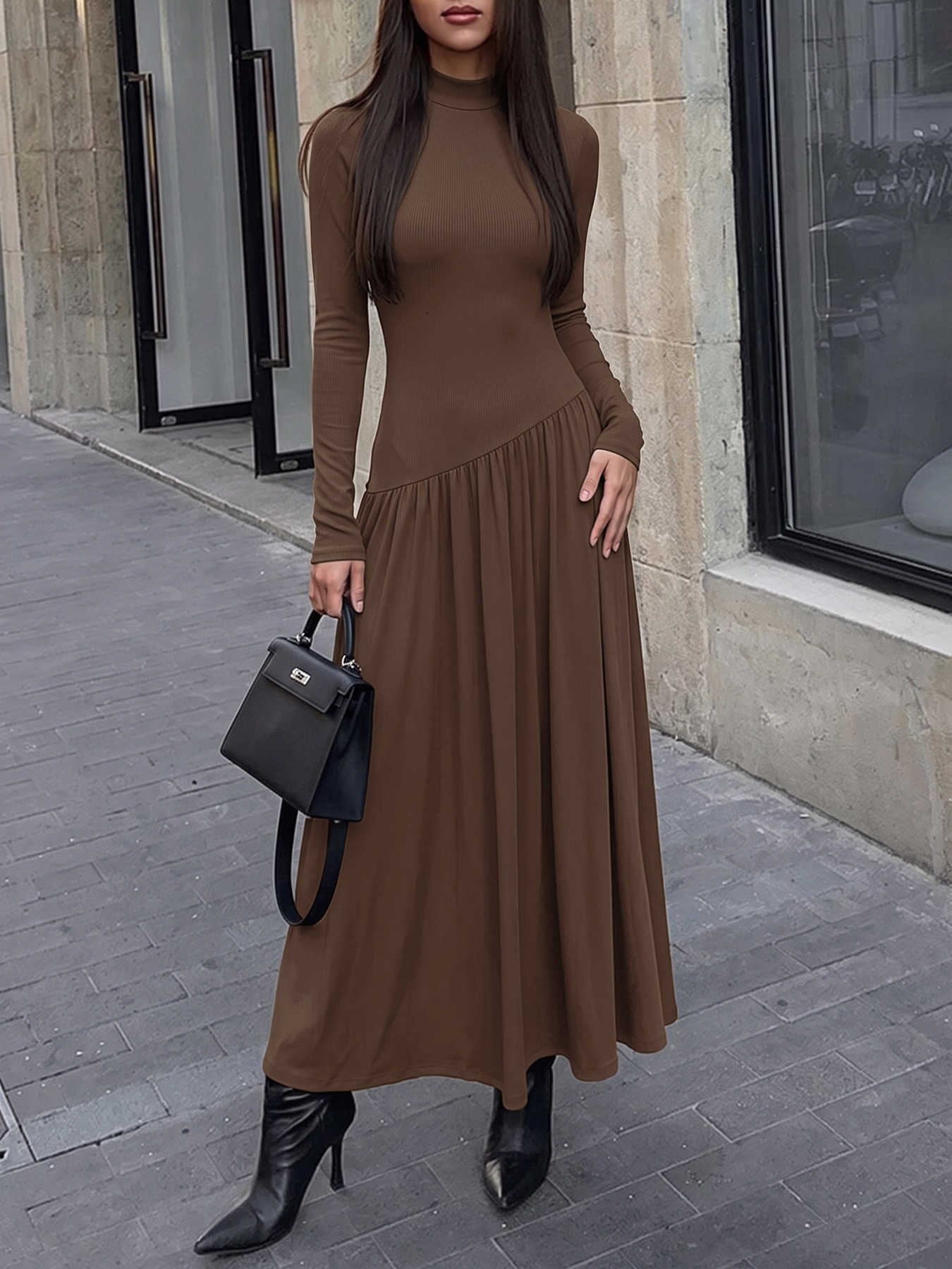 Women's Ribbed Mock Neck Asymmetrical Drop Waist Maxi Dress