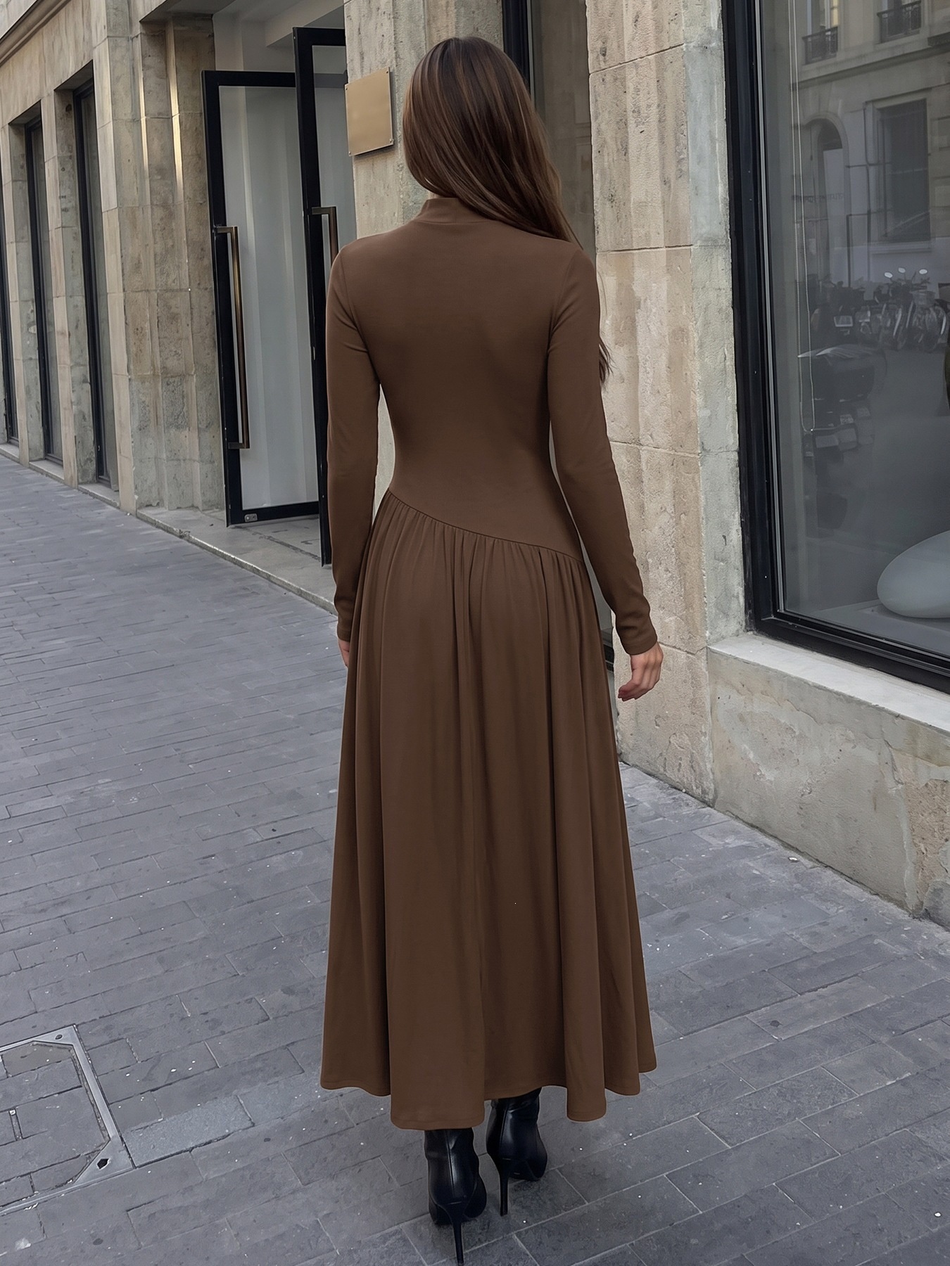 Women's Ribbed Mock Neck Asymmetrical Drop Waist Maxi Dress