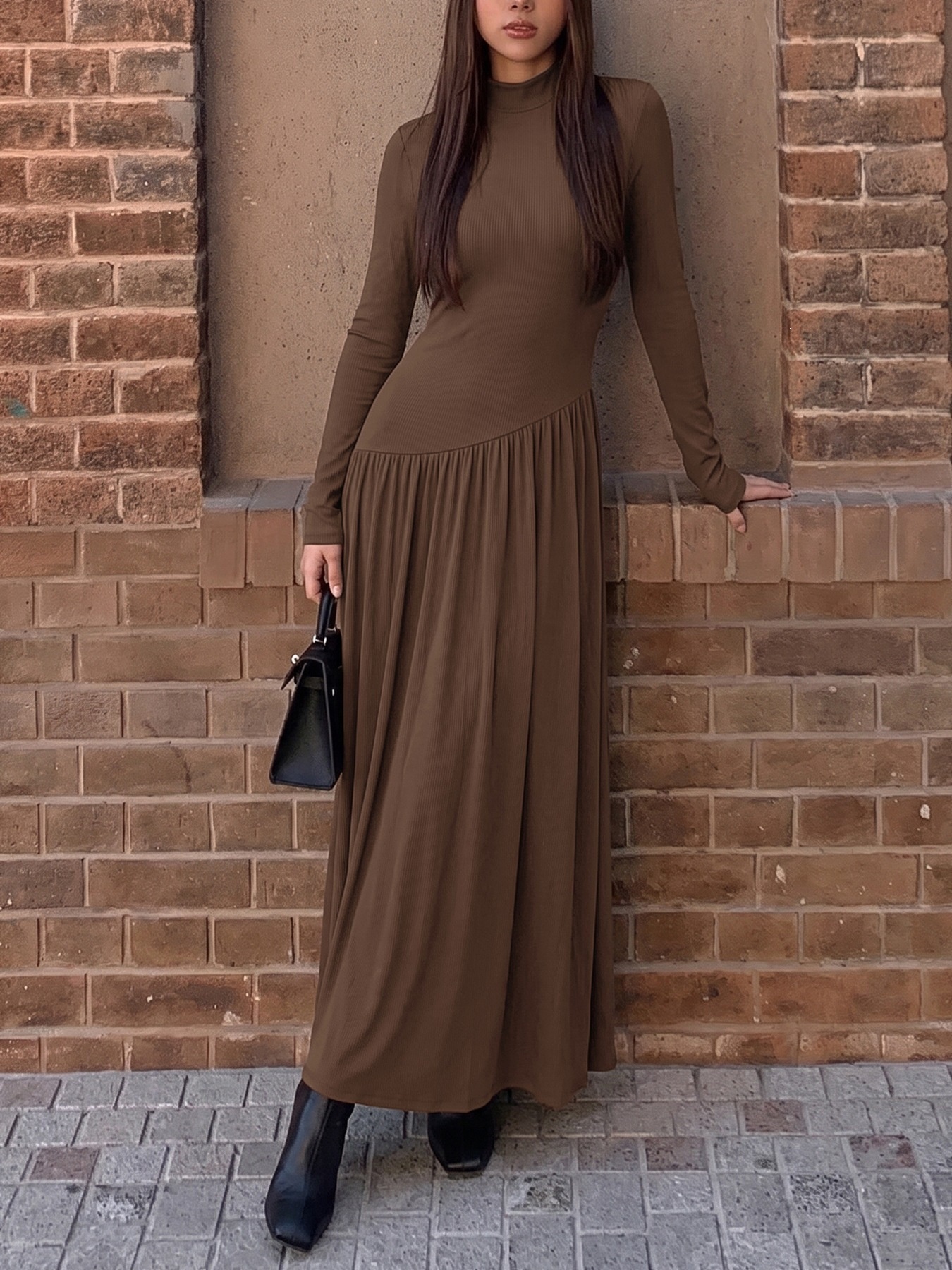 Women's Ribbed Mock Neck Asymmetrical Drop Waist Maxi Dress