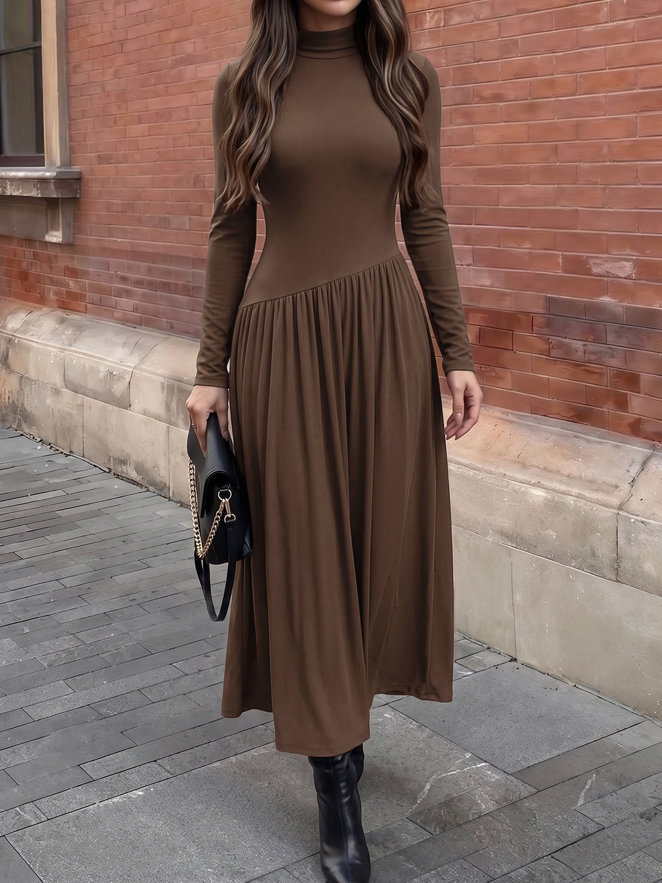 Women's Ribbed Mock Neck Asymmetrical Drop Waist Maxi Dress