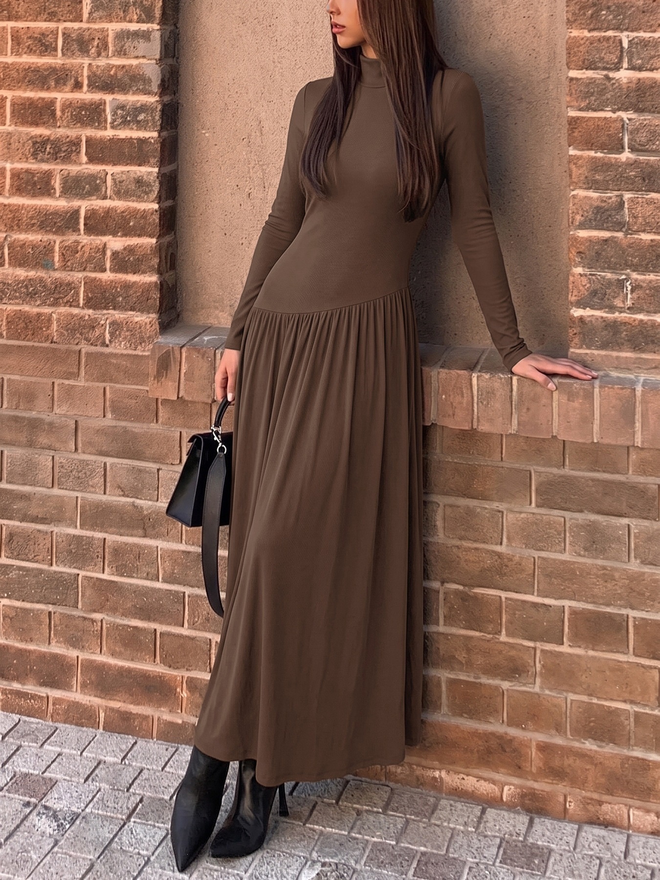 Women's Ribbed Mock Neck Asymmetrical Drop Waist Maxi Dress