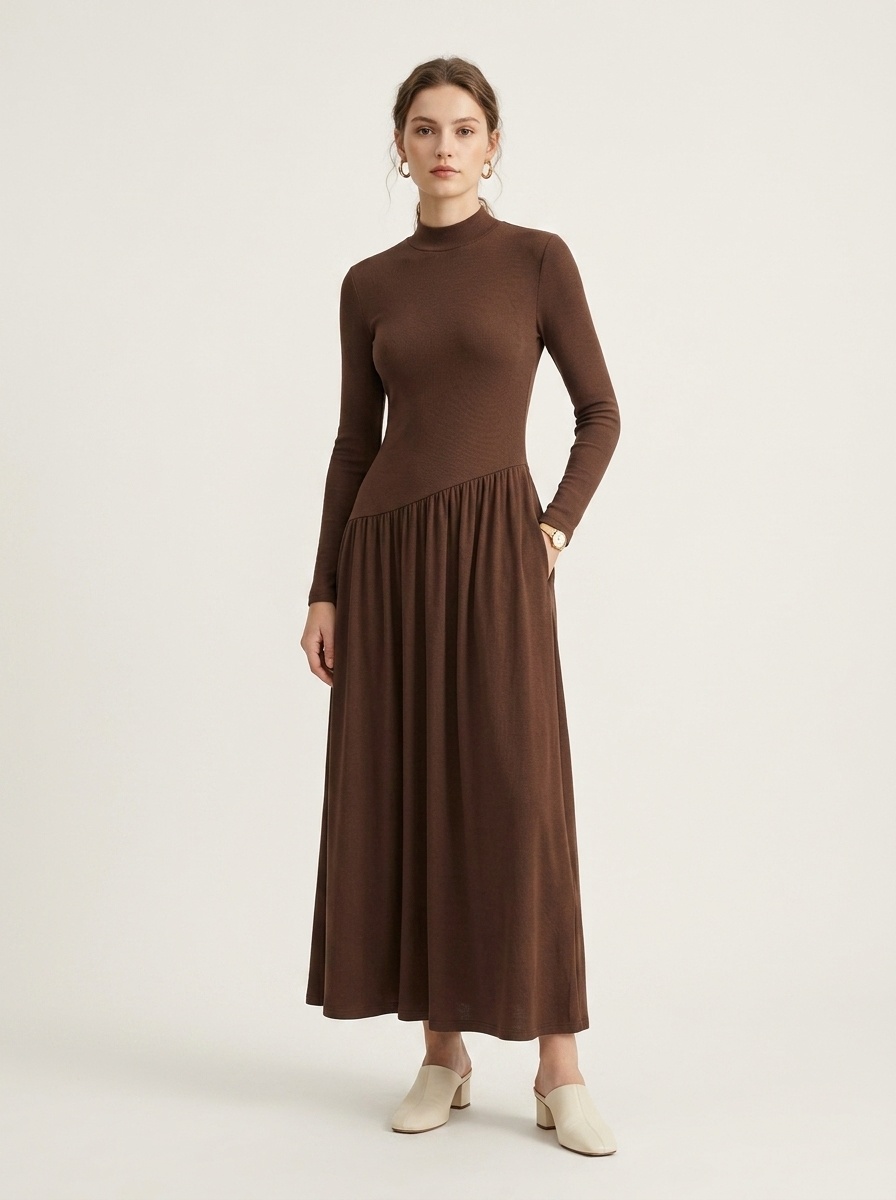 Women's Ribbed Mock Neck Asymmetrical Drop Waist Maxi Dress