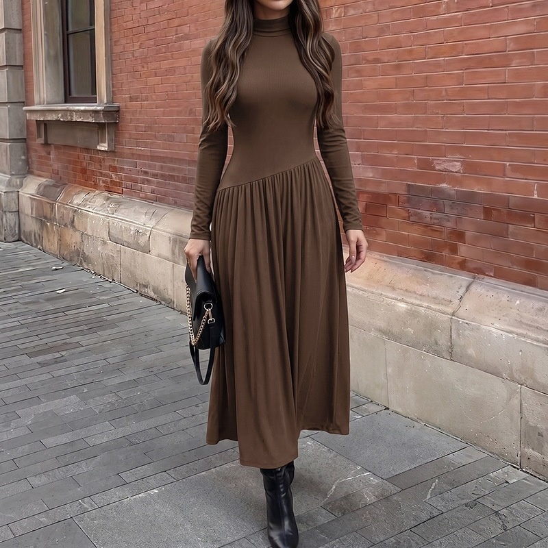 Women's Ribbed Mock Neck Asymmetrical Drop Waist Maxi Dress