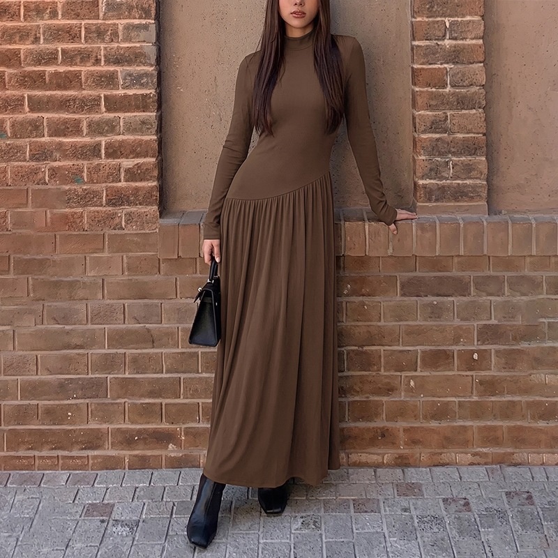 Women's Ribbed Mock Neck Asymmetrical Drop Waist Maxi Dress