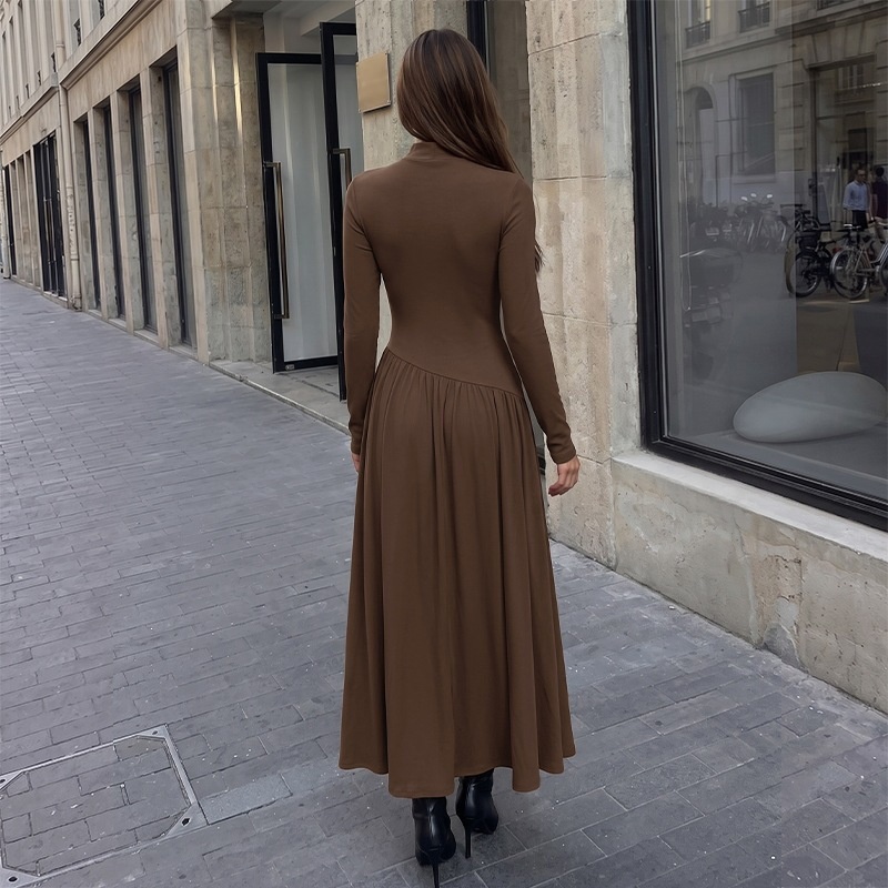 Women's Ribbed Mock Neck Asymmetrical Drop Waist Maxi Dress