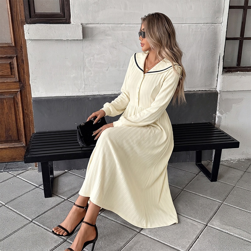 Ribbed Sailor Collar Long Sleeve Midi Dress