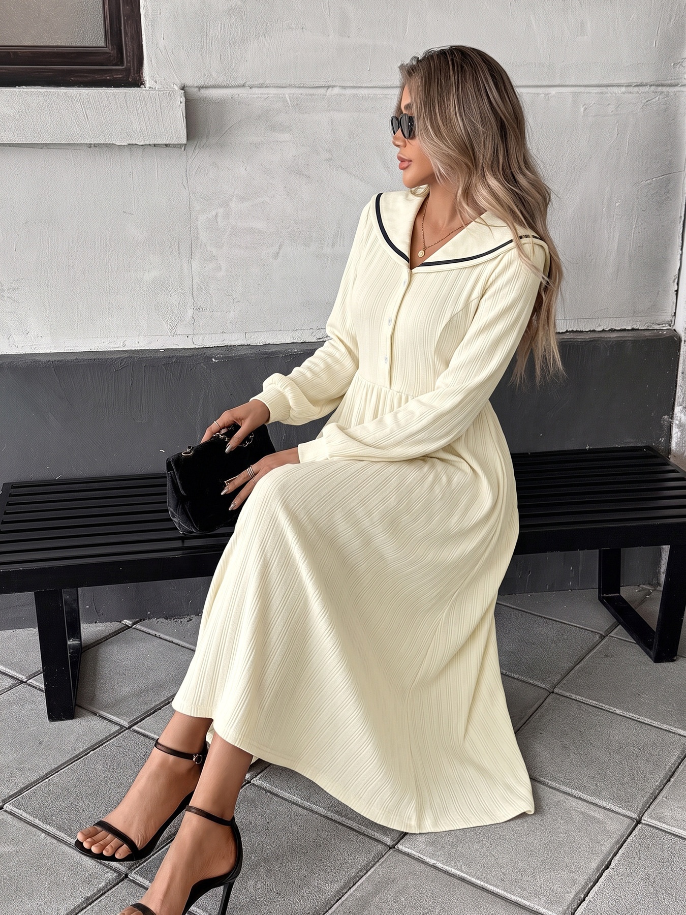 Ribbed Sailor Collar Long Sleeve Midi Dress