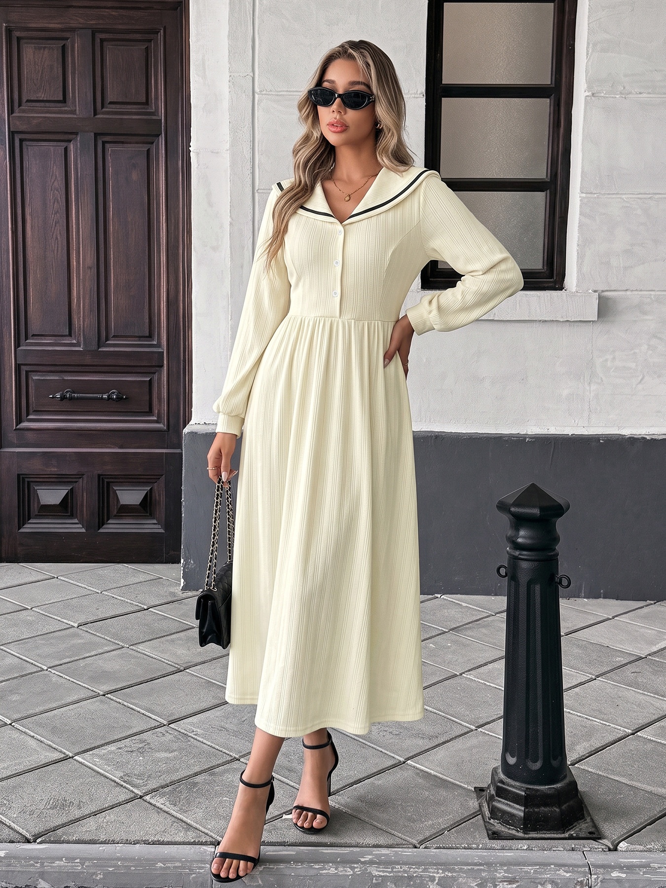 Ribbed Sailor Collar Long Sleeve Midi Dress