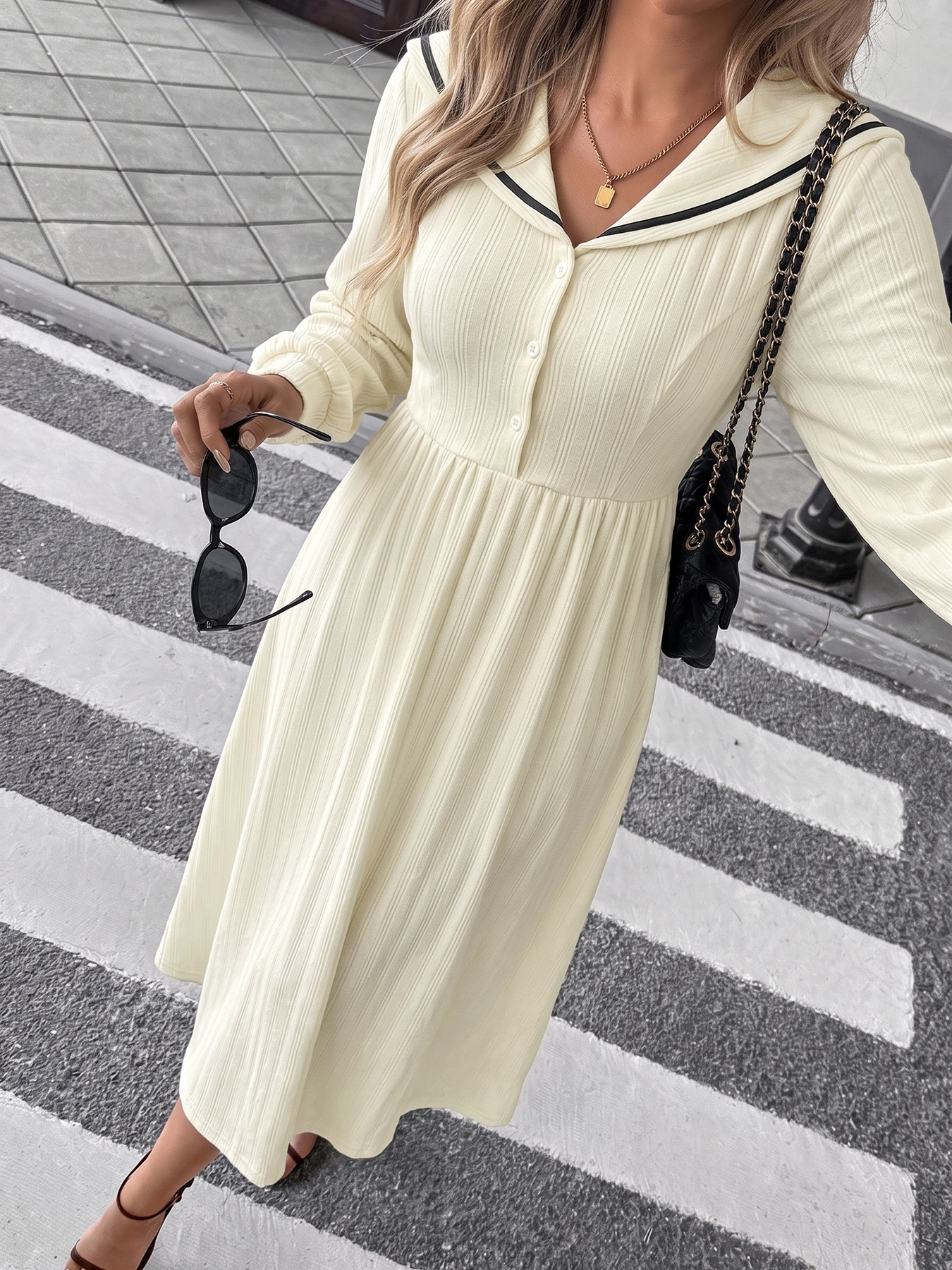 Ribbed Sailor Collar Long Sleeve Midi Dress
