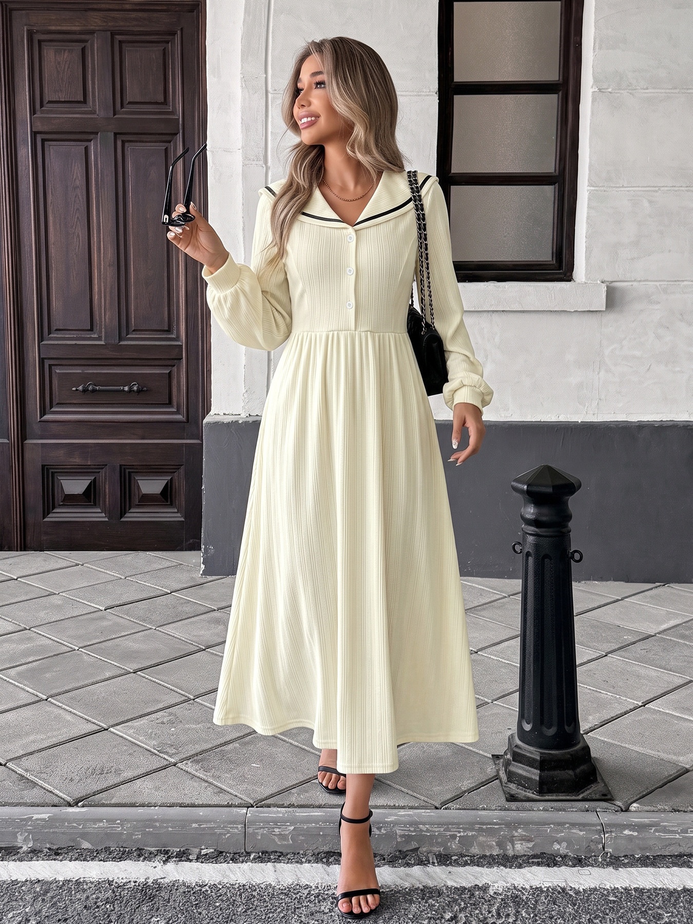 Ribbed Sailor Collar Long Sleeve Midi Dress