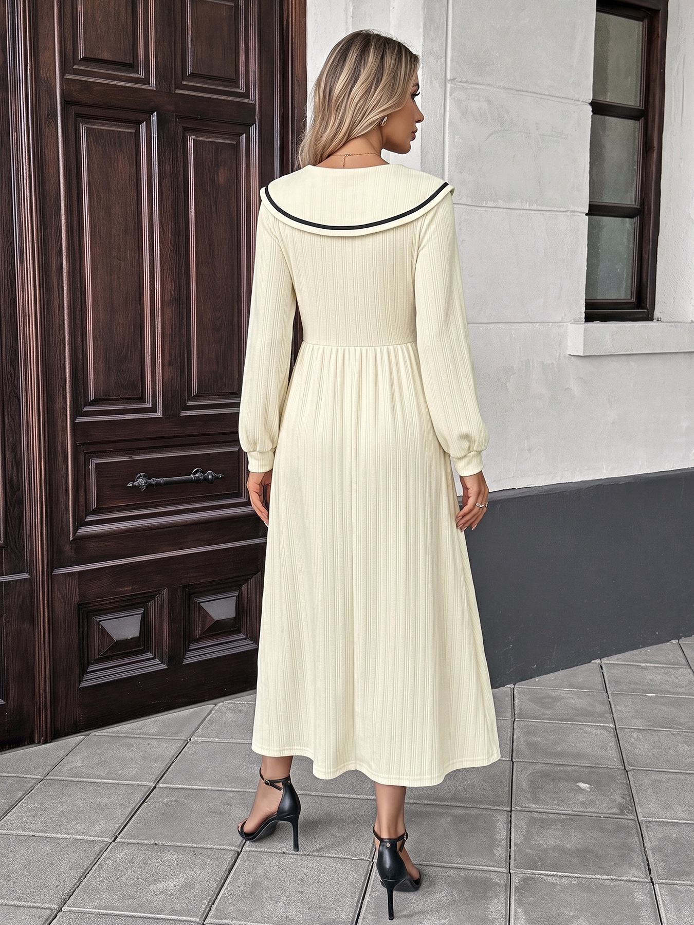 Ribbed Sailor Collar Long Sleeve Midi Dress