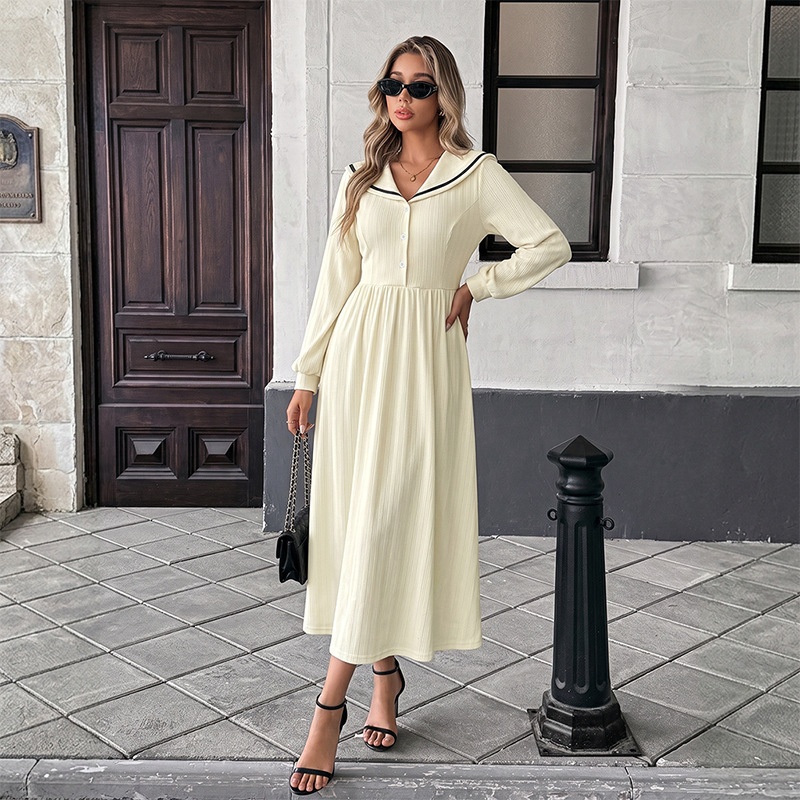 Ribbed Sailor Collar Long Sleeve Midi Dress