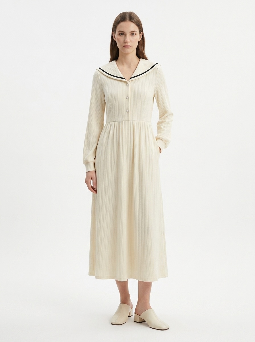 Ribbed Sailor Collar Long Sleeve Midi Dress