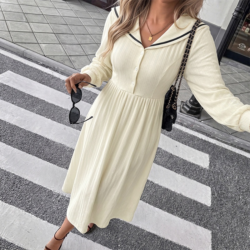 Ribbed Sailor Collar Long Sleeve Midi Dress