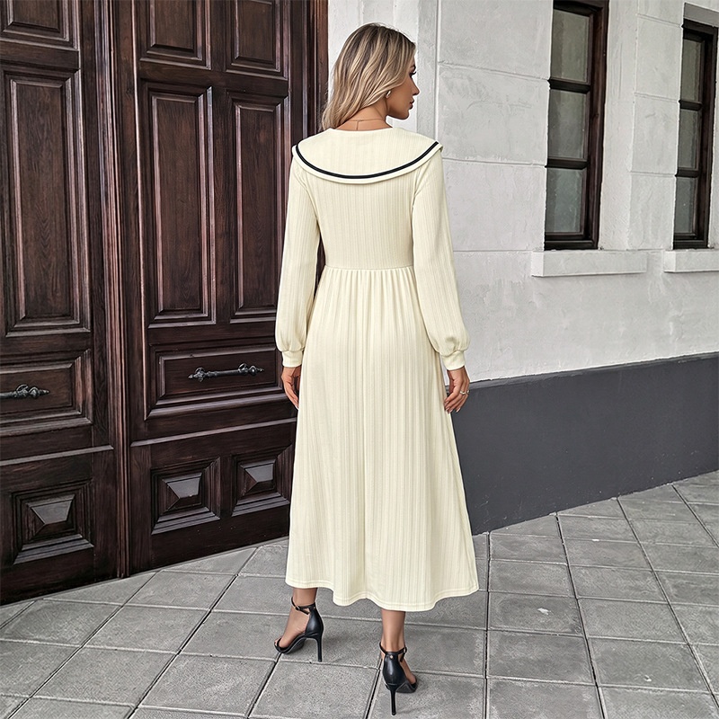 Ribbed Sailor Collar Long Sleeve Midi Dress
