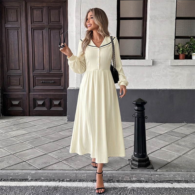 Ribbed Sailor Collar Long Sleeve Midi Dress