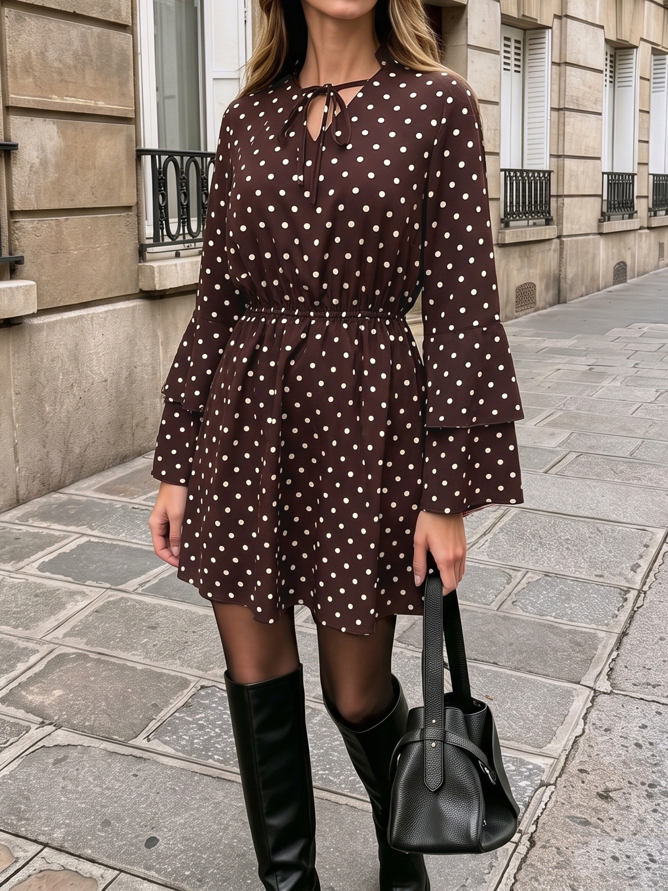 Women's Polka Dot Tie Neck Long Sleeve Mini Dress
