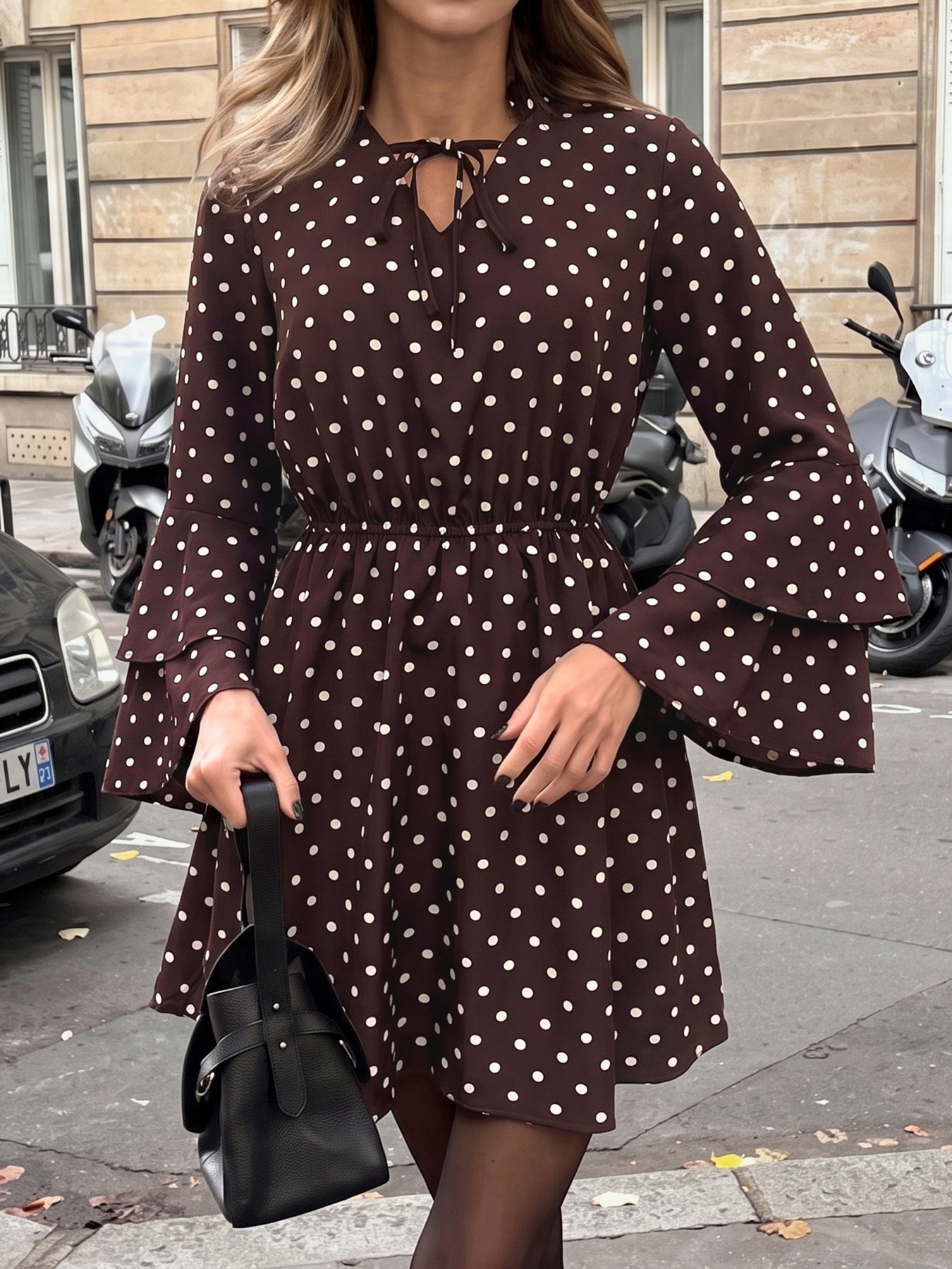 Women's Polka Dot Tie Neck Long Sleeve Mini Dress