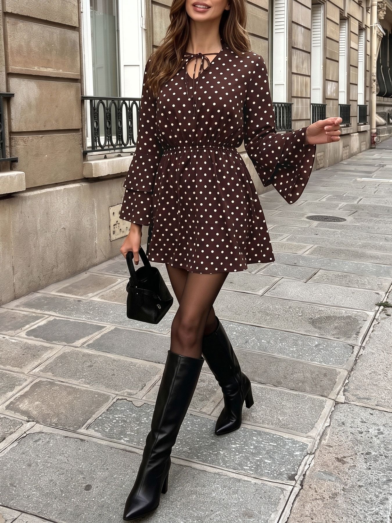 Women's Polka Dot Tie Neck Long Sleeve Mini Dress