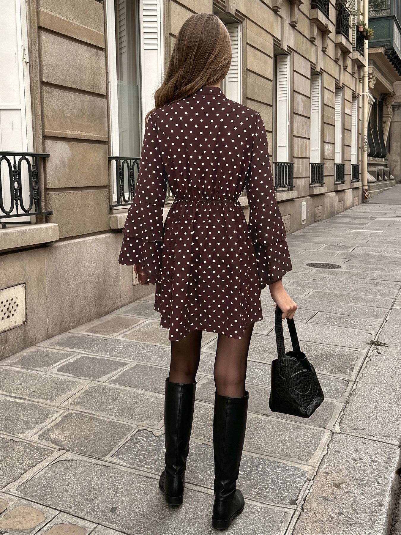 Women's Polka Dot Tie Neck Long Sleeve Mini Dress