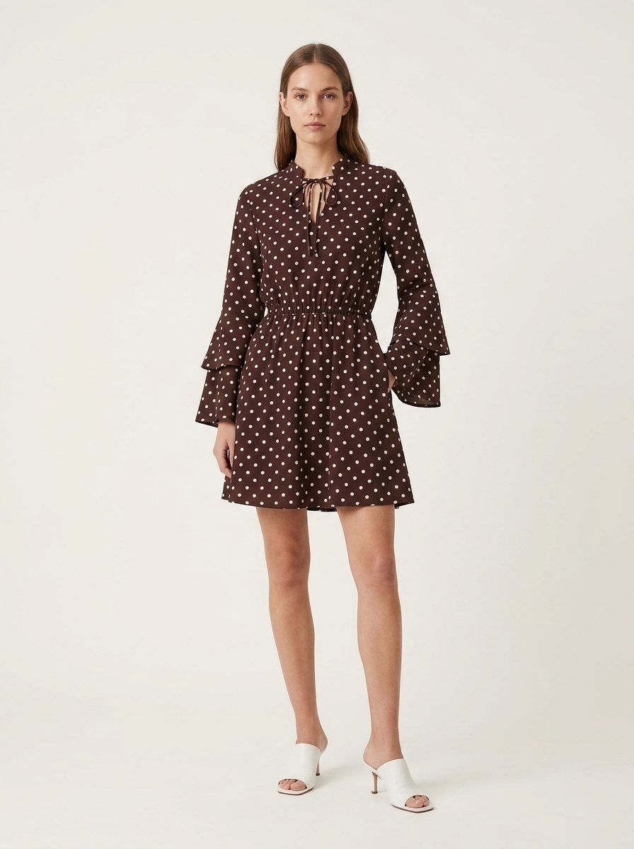 Women's Polka Dot Tie Neck Long Sleeve Mini Dress
