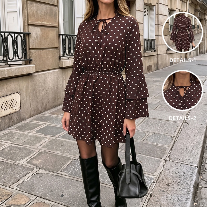 Women's Polka Dot Tie Neck Long Sleeve Mini Dress