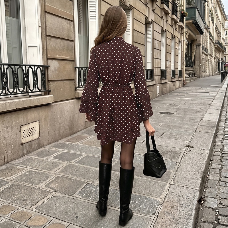 Women's Polka Dot Tie Neck Long Sleeve Mini Dress
