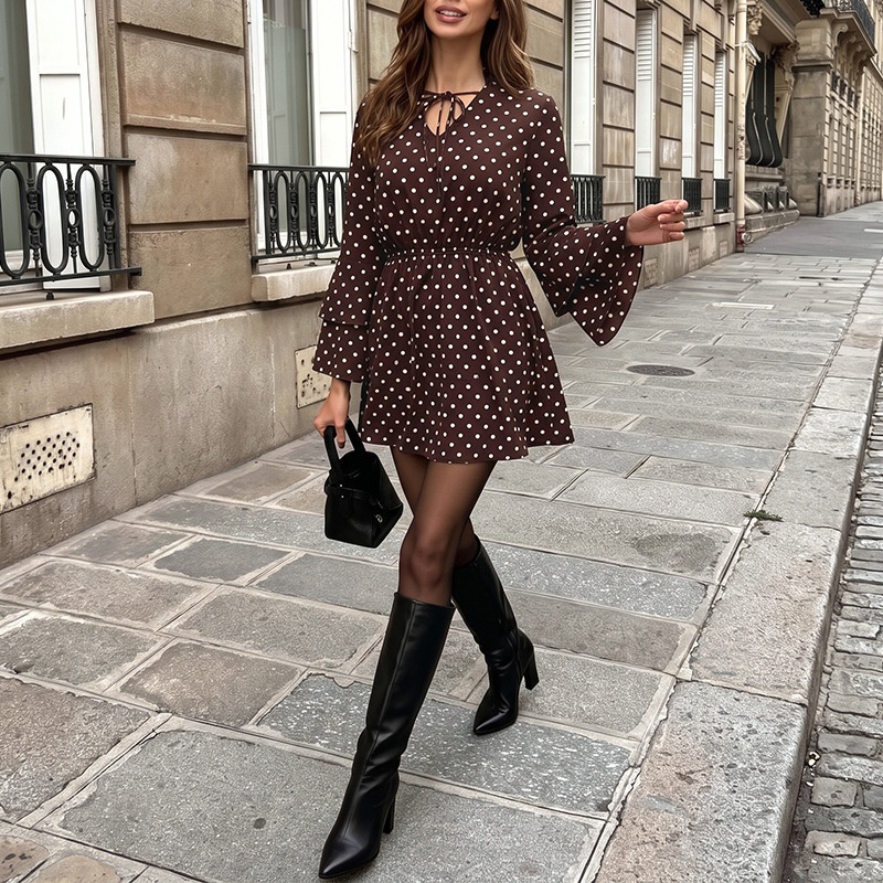 Women's Polka Dot Tie Neck Long Sleeve Mini Dress