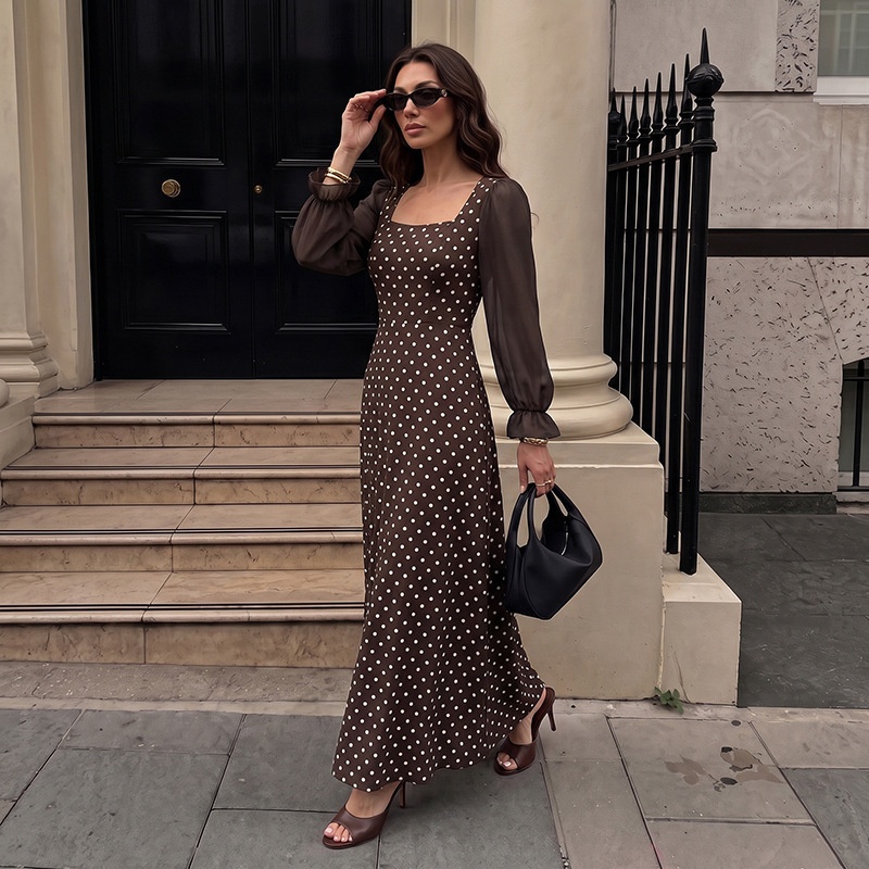 Brown Polka Dot Square Neck Long Sleeve Maxi Dress