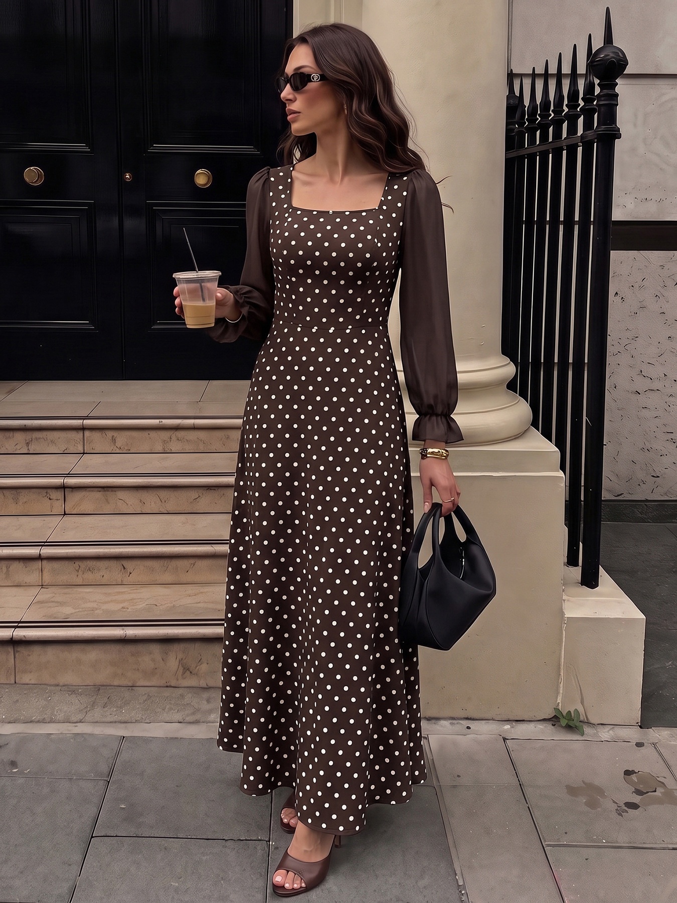 Brown Polka Dot Square Neck Long Sleeve Maxi Dress