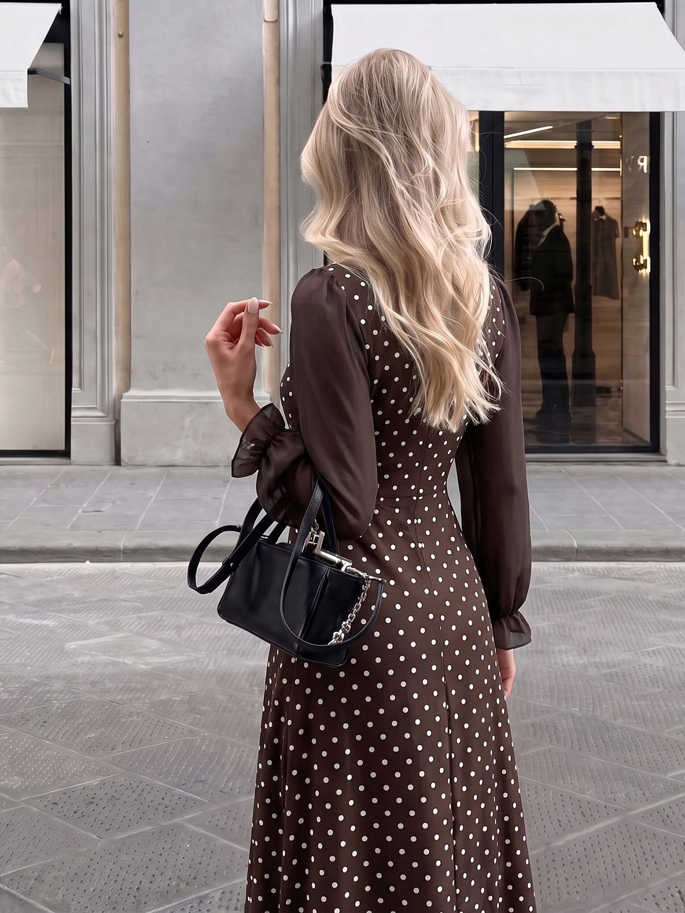 Brown Polka Dot Square Neck Long Sleeve Maxi Dress