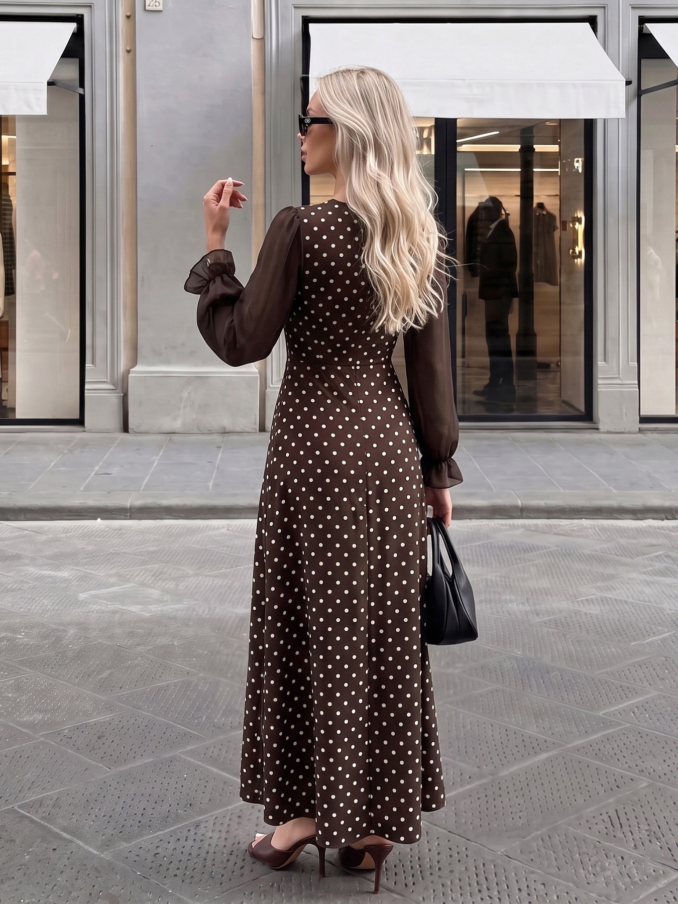 Brown Polka Dot Square Neck Long Sleeve Maxi Dress