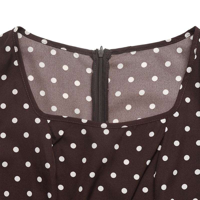Brown Polka Dot Square Neck Long Sleeve Maxi Dress