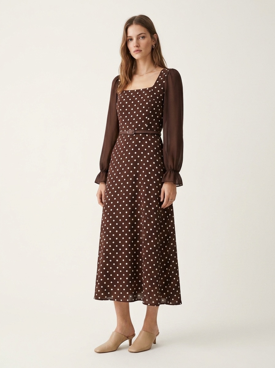 Brown Polka Dot Square Neck Long Sleeve Maxi Dress