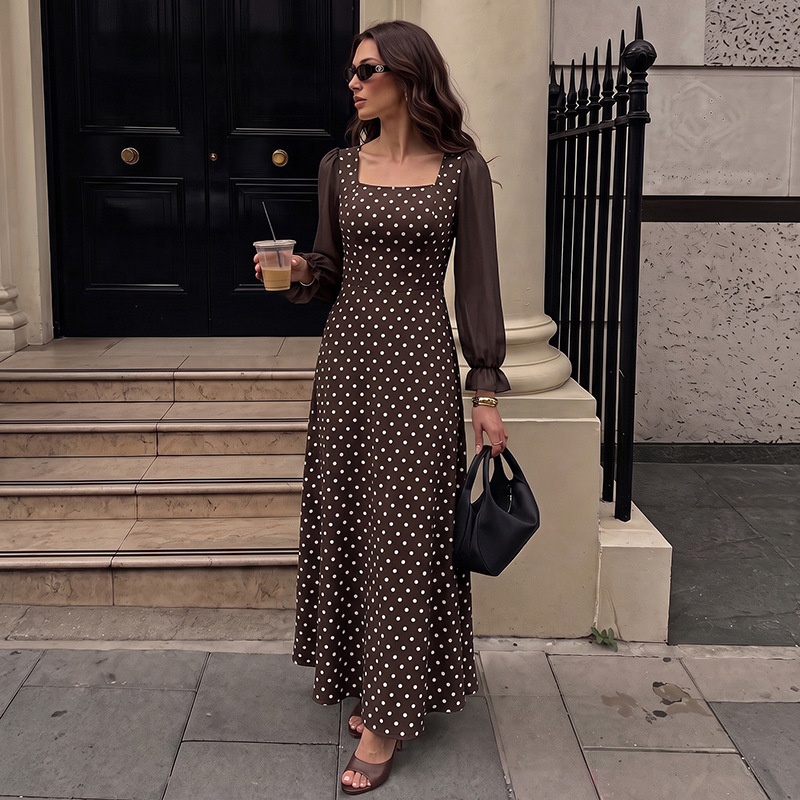 Brown Polka Dot Square Neck Long Sleeve Maxi Dress