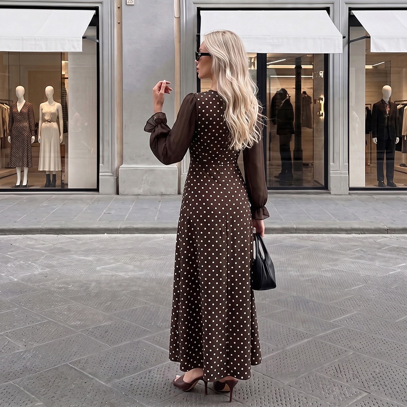 Brown Polka Dot Square Neck Long Sleeve Maxi Dress