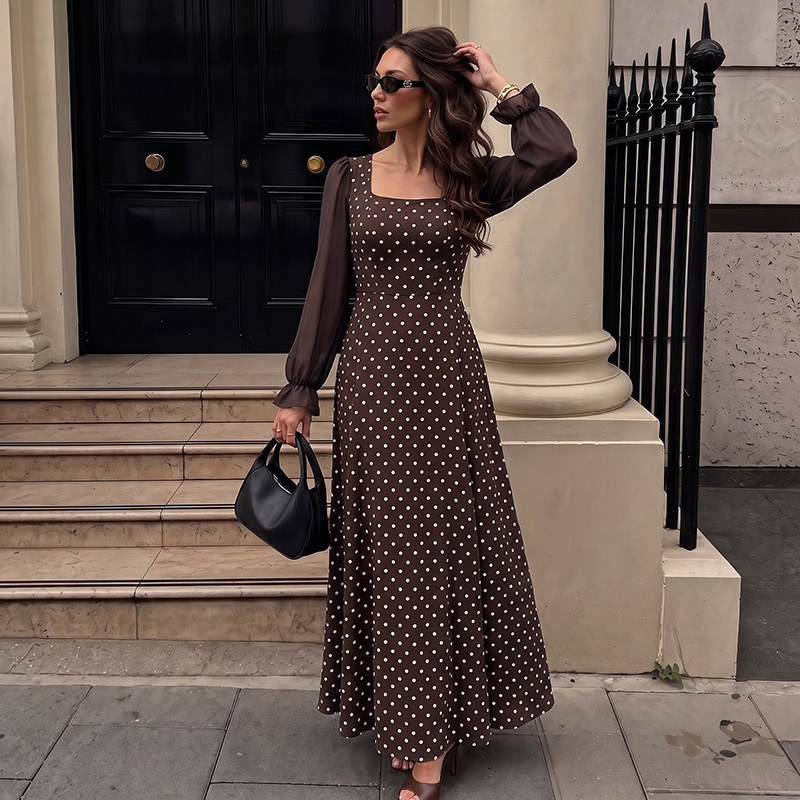 Brown Polka Dot Square Neck Long Sleeve Maxi Dress